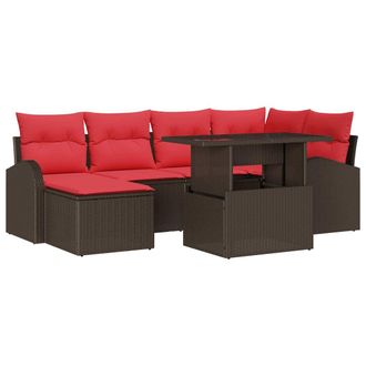 vidaXL Set Divano Da Giardino 7 Pz Marrone E Rosso Polyrattan Vidaxl