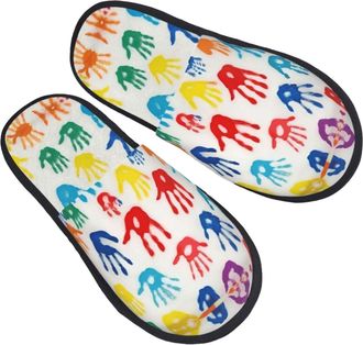 Generic Furry Slippers Colorful Hand Shapes Printing Fuzzy Slippers Soft Casual House Shoes For Guest Hotel Party M