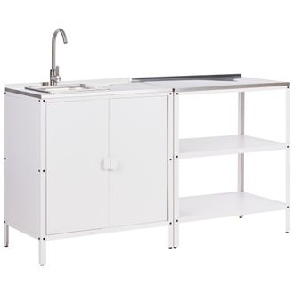 Beliani Conjunto De Cocina 2 Piezas De Exterior Acero Inoxidable Isla De Cocina Y Armario Con Fregadero Monomando Blanco Vilama