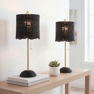 Jonathan Y Designs Celerie 27.5 Coastal Bohemian Rattan/Iron Scalloped Buffet LED Table Lamp with Pull Chain in Black/brass Gold at Nordstrom