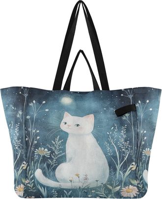 Generic Cat Flowers Blue pattern Reusable Canvas Tote Bag, Heavy Duty Grocery Shopping Bag with Double Handles Large Capacity Hard Bottom Work Groceries Trave