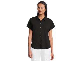 Elliott Lauren Shirt Womens Black Enzyme Wash Jersey Button-Up JDM2599