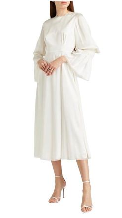 Roksanda Ilincic Ivory Tulle Trimmed Shirred Satin Midi Dress Size S