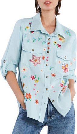 BILLY T Sketchbook Embroidered Button-Up Shirt in Minty at Nordstrom, Size X-Small