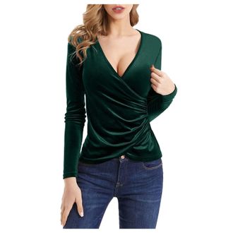 Generic Cocila Ladies Long Sleeve Tops Wrap Velvet Neck Slim Deep Fit Tops Sexy Women V Sleeve Long Womens Blouse Spandex Long Sleeve Shirt Women (Green, XL)