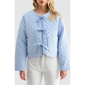 All in Favor Gingham Tie Front Quilted Jacket in Light Blue Gingham at Nordstrom Rack, Size X-Large