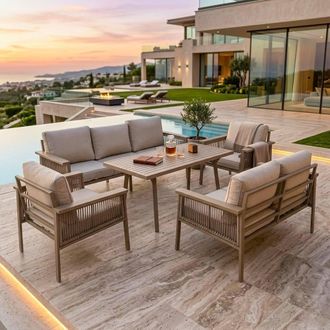 Shatchi Garden Sofa Set 7 Seater - Aluminium Rattan Garden Furniture with Table & Cushions in Beige