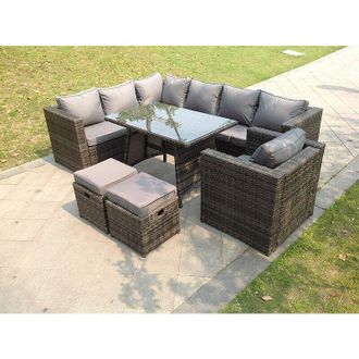 Fimous Fimous 9 Seater Grey Rattan Corner Sofa Set Dining Table Chair Foot Rest Garden Furniture Outdoor