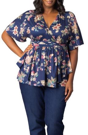 Kiyonna Encore Print Faux Wrap Top in Navy Floral Motif at Nordstrom, Size 5X