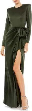 Mac Duggal Long Sleeve Structured Bow Draped Column Gown in Olive at Nordstrom, Size 14