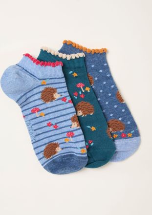 Fat Face FatFace Blue Hedgehog 3 Pairs of Trainer Socks