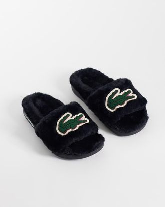 Lacoste ciabatta in pile con logo coccodrillo nera e verde-Multicolore