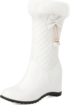 Generic Womens Mid-Calf Boots Faux Fur Trim Bow Pearl Pendant Quilted PU Leather Wedge Heel Round Toe Side Zip Elegant Durable Design,White,6.5 UK