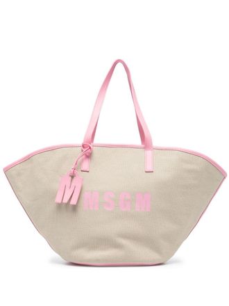 Msgm New logo-print tote bag - women - Calf Leather/Cotton - One Size - Neutrals