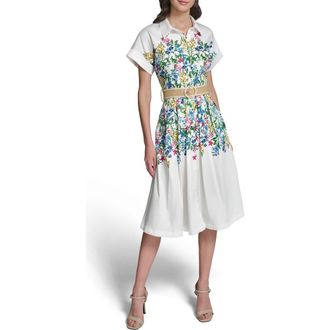 Karl Lagerfeld Placed Floral Print Belted Midi Shirtdress in Soft White Combo at Nordstrom, Size 14