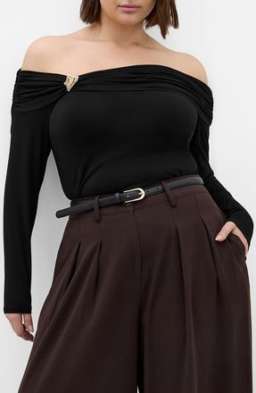 City Chic Ruched Off the Shoulder Top in Black at Nordstrom, Size Xxxs