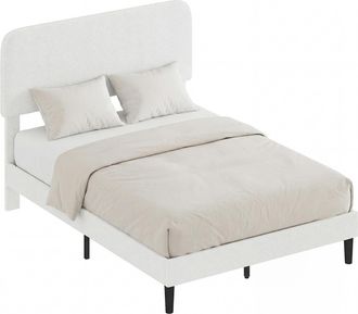HOMCOM Homcom Cama Tapizada En Borreguito, 135x190 Cm, Cama Matrimonio Con Cabecero Ajustable En Altura, Listones De Madera, Blanco