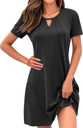 Generic Summer Dresses for Women 2025 Keyhole Crew Neck Casual Dress A Line Dress Flowy Short Sleeve Sundresses with Pockets Black