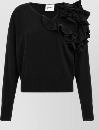 Nude cashmere wool asymmetric ruffled long-sleeve sweater