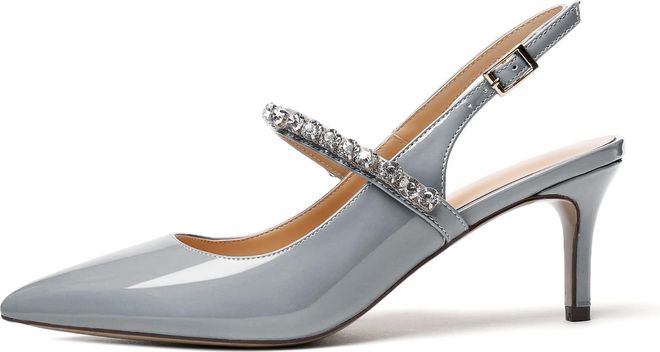 EDEFS Womens Pointed Toe Pumps Low Kitten Heels Slingback Sandals Fashion  Rhinestones Ankle Strap Court Shoes, Patent Grey Size EU41 from £49.99