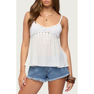 Edikted Zephyr Crochet Bust Mixed Media Babydoll Camisole in White at Nordstrom, Size X-Large
