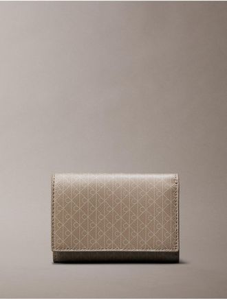 Calvin Klein Womens Allover Emblem Logo Trifold Wallet - Beige/Khaki