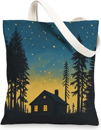 Generic Winter Farmhouse Christmas Canvas Tote Bag for Shopping 13x15, Forest Lodge Cabin Xmas Reusable Grocery Print Bag for Women, Farm Holiday Beach Aesthe