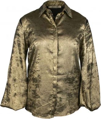 Roberto Cavalli Lace-Up Lam&eacute; Top - Dames - Overhemden - Geel - M - Polyester - Overhemden