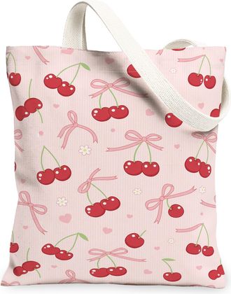 Generic Cherries Canvas Tote Bags, Cute Fruit Pattern Reusable Grocery Bags, Summer Stylish Washable Shoulder Strap Canvas for Trav, Peach, 13x15 Inch