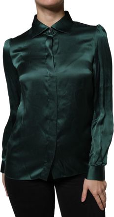 Dolce & Gabbana Dark Green Silk Button Down Long Sleeves Blouse Womens Top