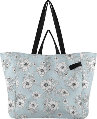 Generic Flower Leaves Blue print Reusable Canvas Tote Bag, Heavy Duty Grocery Shopping Bag with Large Capacity Hard Bottom Double Handles Work Groceries Trave