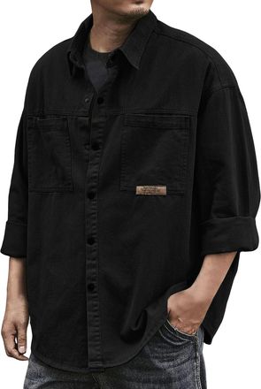 Generic Long Sleeve T Shirt Mens Baggy Button Front Classic Lapel Formal Dress Shirt Stretch Loose Fit Tops Work Office Tees, Black, 6XL