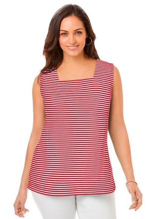 Jessica London Stretch Cotton Square Neck Tank in Vivid Red Feeder Stripe at Nordstrom, Size Medium