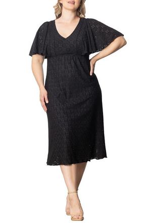Kiyonna Lucy Short Sleeve Eyelet Midi Dress in Black Noir at Nordstrom, Size 5X