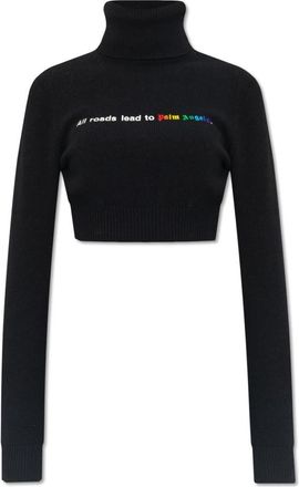 Palm Angels Cropped Turtleneck - Dames - Coltruien - Zwart - XS - Wol - Truien & Vesten