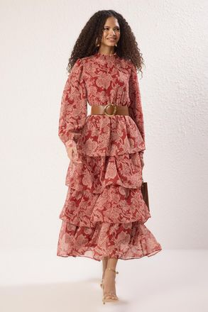 Trendyol Modest Dames Bruin Bloemen Maxi Lang Casual Skater Modest Jurken