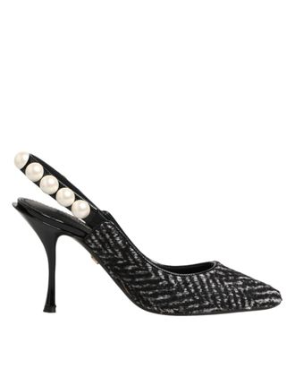 Dolce & Gabbana White Black Chevron Faux Pearl Slingbacks Womens Shoes