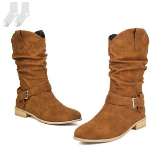 Generic Womens Slouch Boots in A Suede Look, Fashionable Mid-Calf Boots with Buckle Straps And A Comfortable Low Heel, Non-Slip Autumn Winter Ankle Boots for 