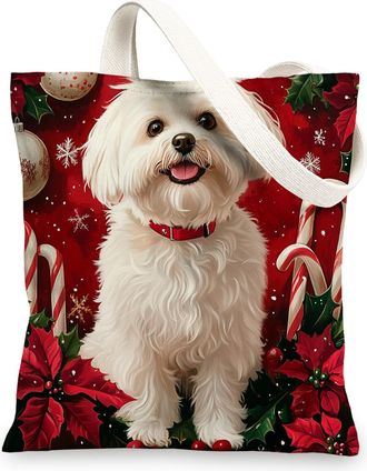 Generic Christmas Maltese Dog Canvas Tote Bag for Shopping 13x15, Xmas Candy Poinsettia Puppy Reusable Grocery Print Bag for Women Men, Holiday Pet Aesthetic 