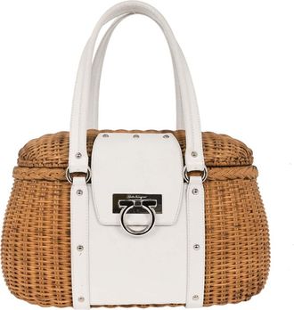 Ferragamo Basket Gancini Handbag Leather And Wicker White Leather Handbag (Pre-Owned)