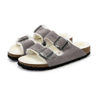 Birkenstock Womens Arizona Shearling Sandals In Stone Coin