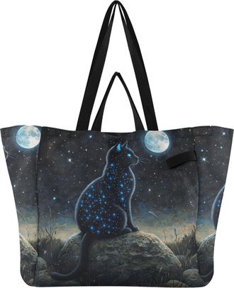 Generic Cat Blue Moon print Reusable Canvas Tote Bag, Heavy Duty Grocery Shopping Bag with Double Handles Large Capacity Hard Bottom Work Groceries Travel