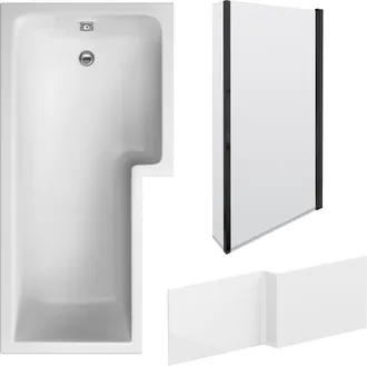 Balterley L Shape 1700x850 Shower Bath Set - Panel & Black Return Screen RH in White