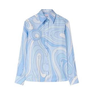 Pucci Shirts, female, Blue, Size: L Marmo Print Silk Shirt
