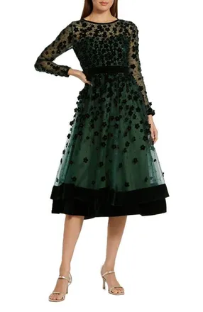 Mac Duggal Embellished Illusion High Neck Long Sleeve Fit & Flare in Emerald at Nordstrom, Size 16