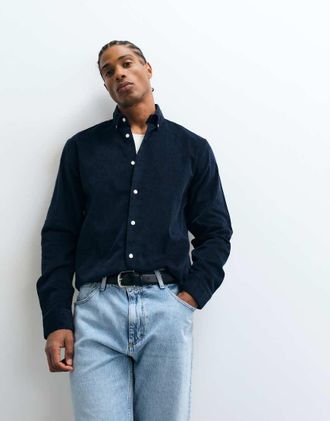 Selected camicia regular fit in tessuto a coste blu navy scuro con colletto button-down