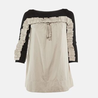 Paule Ka Black /Beige Cotton Ruched Detail Top S