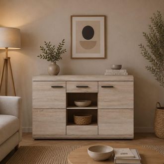 Dmora Credenza Hami, Alacena 3 Estantes, Apertura Abatible, 3 Puertas, 120x42x87h Cm Marr&oacute;n Roble