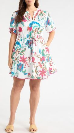 Sugarlips Izzie Floral Print Minidress in White-Fuchsia at Nordstrom, Size 2X