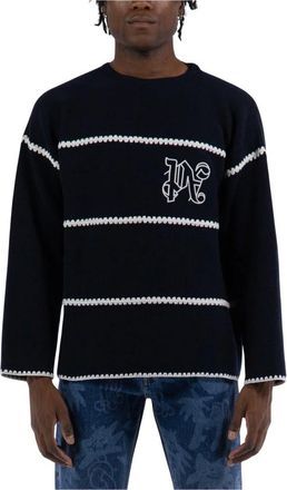 Palm Angels Truien & Vesten, Heren, Blauw, L, Wol, Gestreepte Monogram Wollen Trui